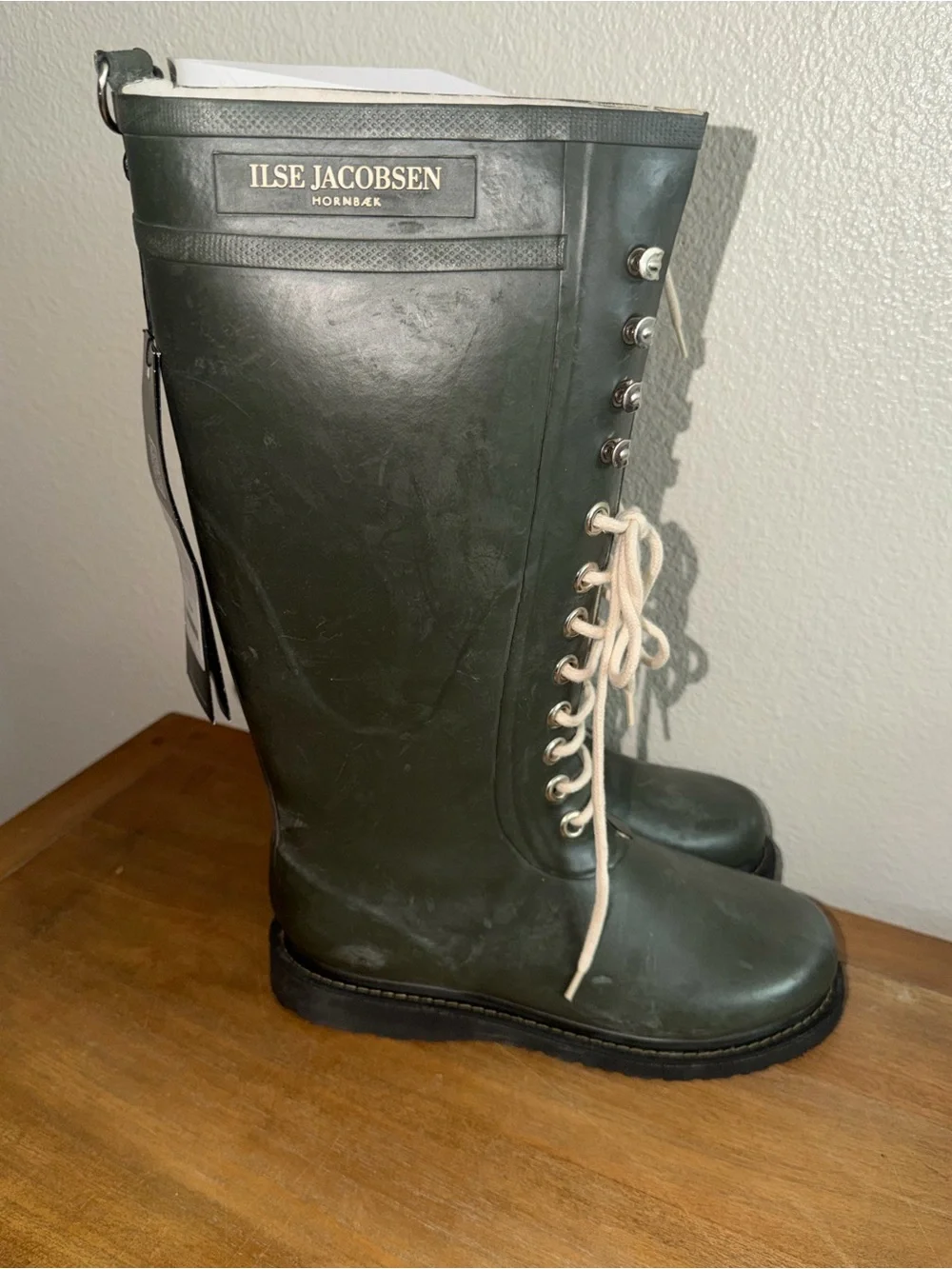 Ilse Jacobsen Dark Green Lace-Up Knee Boots with White Laces